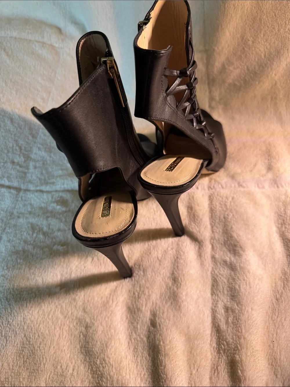 BCBGeneration Black Peep-Toe Lace-Up Stiletto Booties